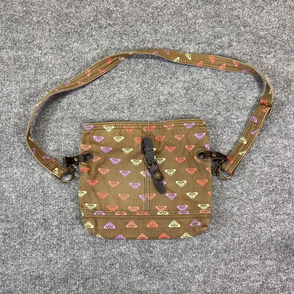 Roxy Crossbody Bag Womens Small Brown Canvas Heart Print Adjustable Strap Logo